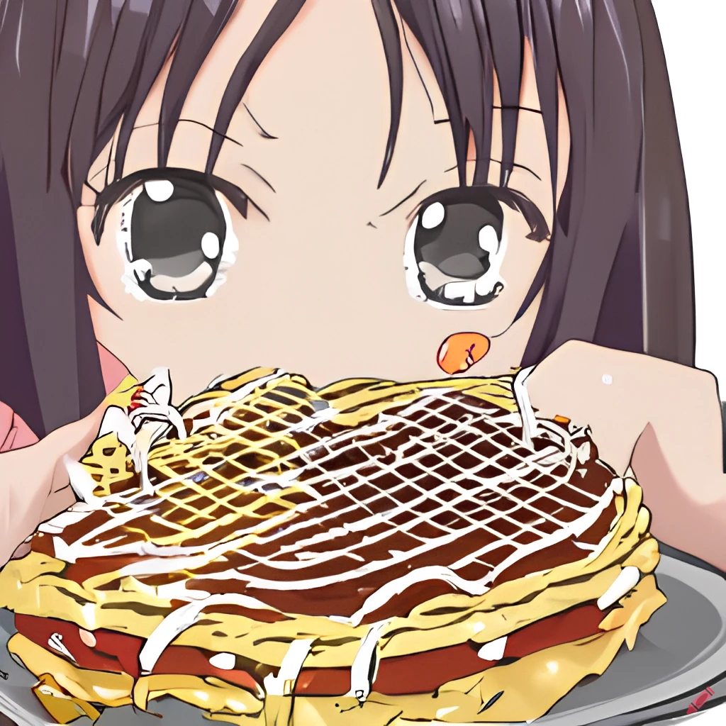 Girl glancing at a stack of okonomiyaki. Generated with craiyon.